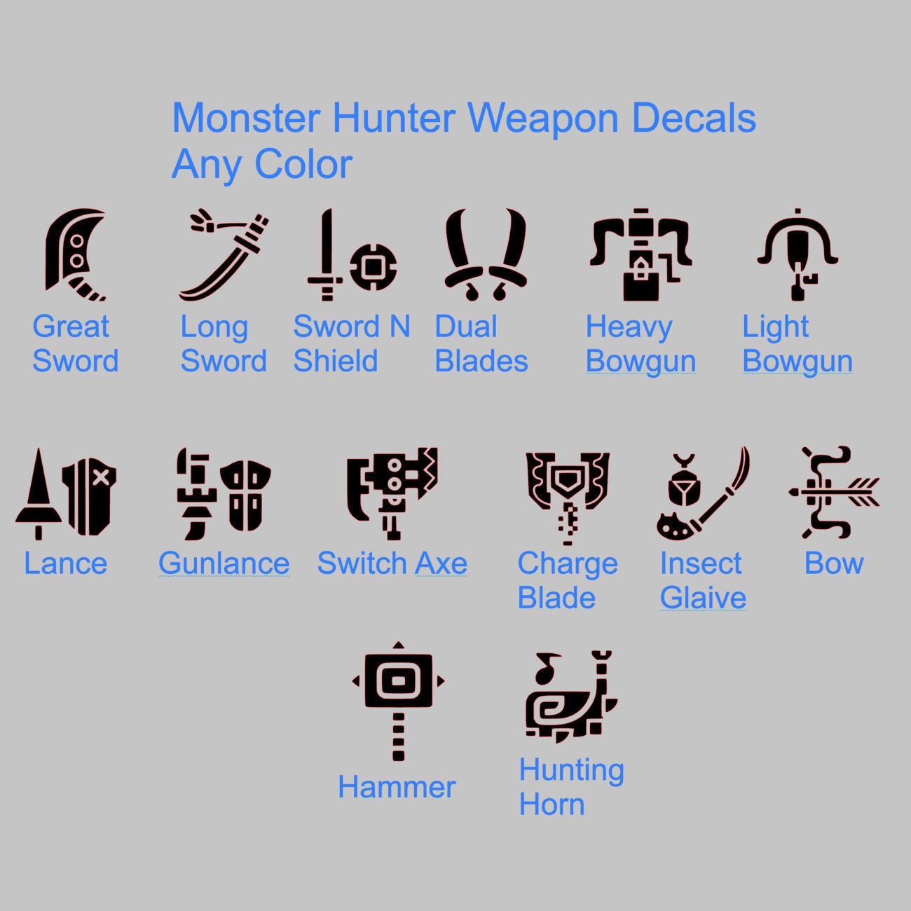 Monster Hunter Weapon Decals, multiple sizes