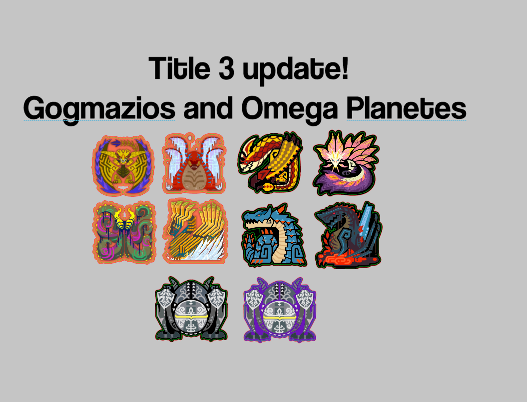 Set of colorful emblems or logos with text 'Title 3 update! Gogmazios and Omega Planetes' on a gray background.