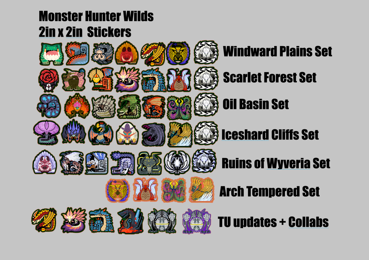 Collection of Monster Hunter Wilds stickers arranged in a grid on a gray background with set names listed.