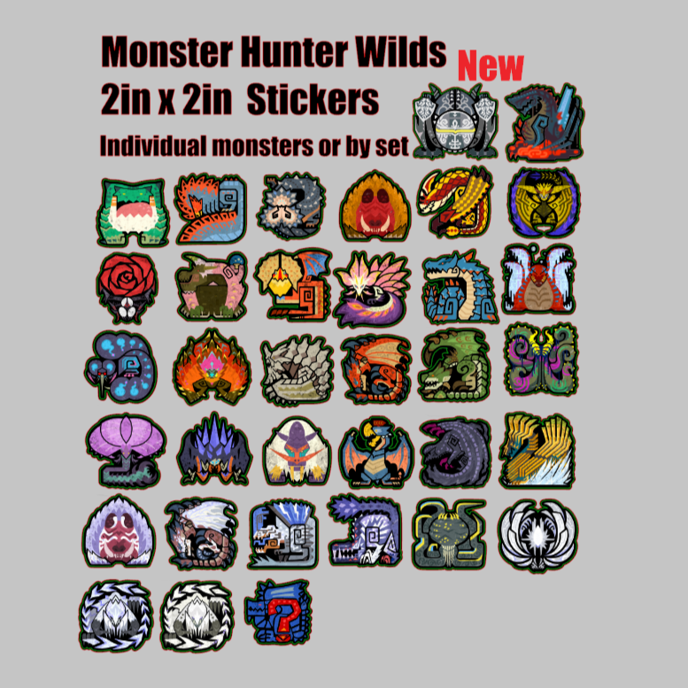 Collection of colorful stickers of monsters from 'Monster Hunter Wilds'
