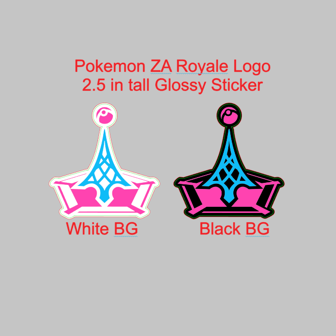 Two Pokémon ZA Royale logos on a gray background with text indicating size and color options.