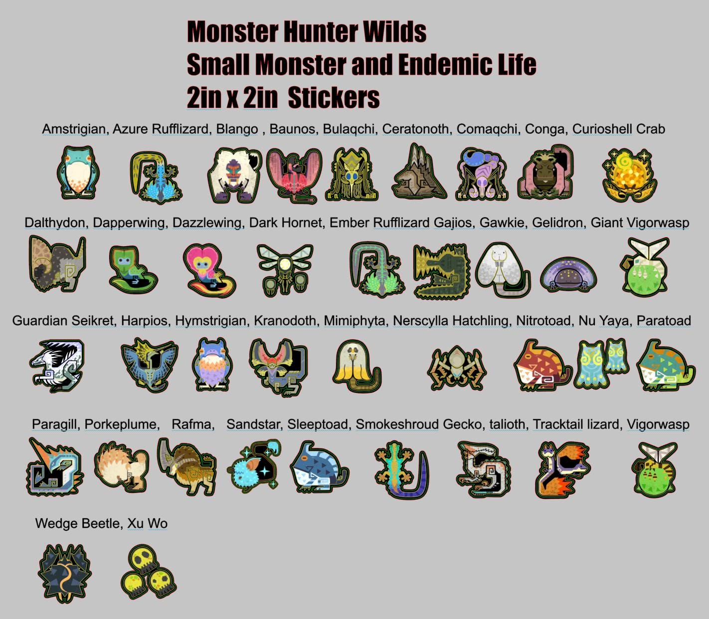 Monster Hunter, Wilds Small Monster and Endemic Glossy Sticker