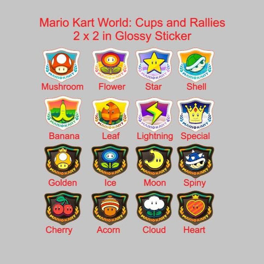 Mario Kart World, Grand Prix Cups and Knockout Tour Rally Emblems Glossy Sticker