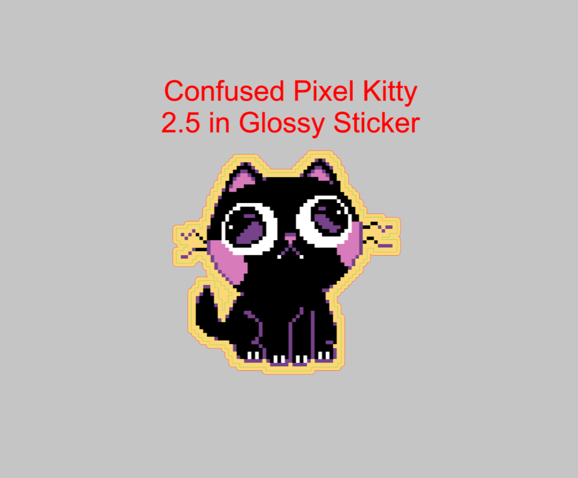 Confused Pixel Black Kitty Glossy Sticker