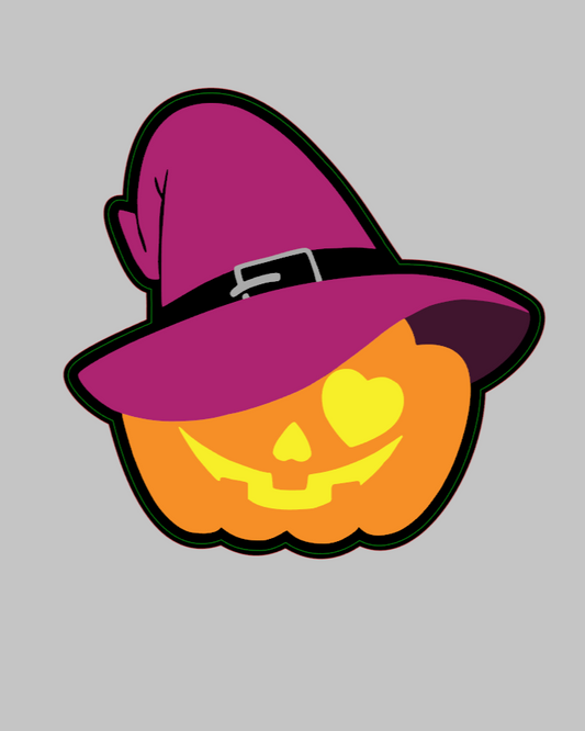 Halloween-themed design with a purple witch hat and orange pumpkin on a gray background