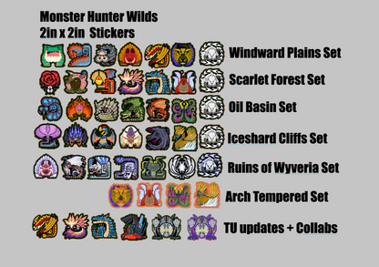 Collection of Monster Hunter Wilds stickers arranged in a grid on a gray background with set names listed.